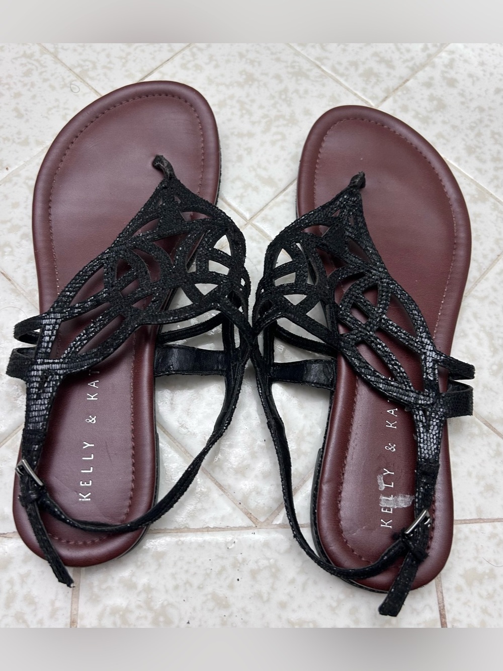 Kelly & Katie Flat Sandals Women's Black Brown Ankle Strap Buckle size 6.5